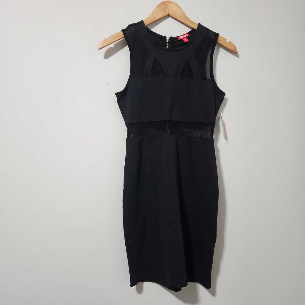 Bongo Womens Black Mesh Panel Bodycon Dress Sleeveless Gold Back‎ Zip Small NWT